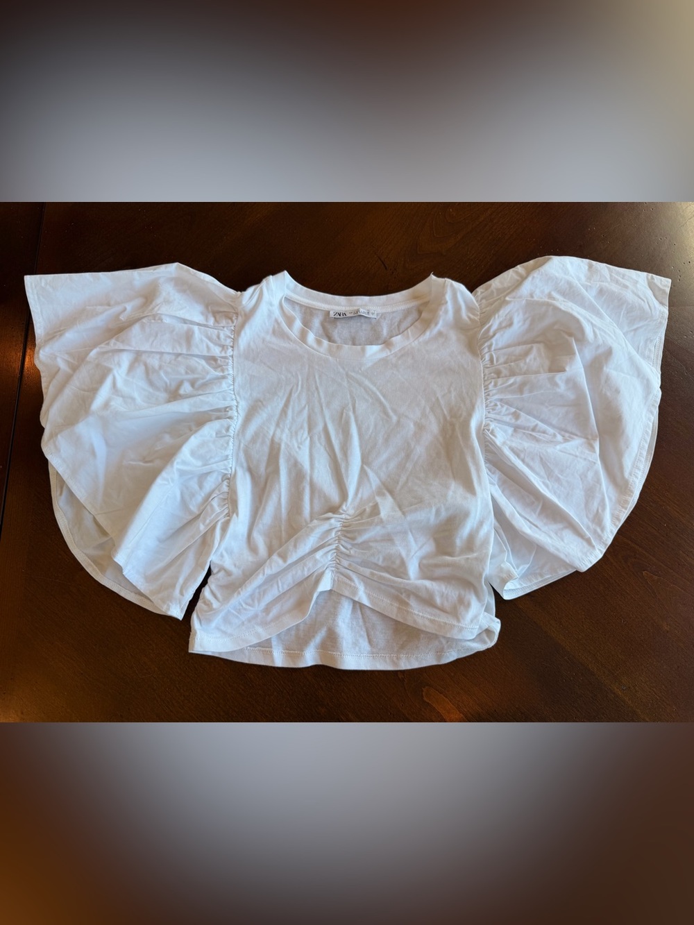 Zara White Crop Ruffle Flutter Sleeve Ruched Front Detail Size Small